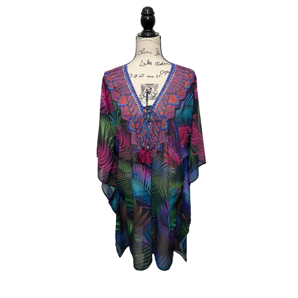 Miraclesuit Pixel Palmas Embelished Multicolor Tropical Cover Up OS Resortwear